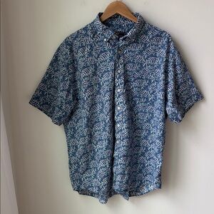 Vineyard Vines Murray Fish Print Linen Blend Shirt Blue White Nautical Size XL